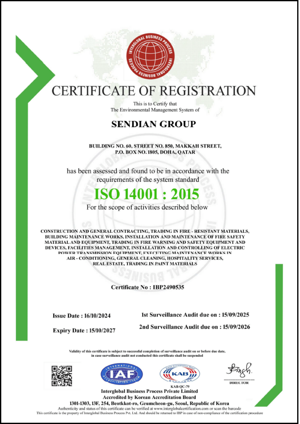 ISO 14001:2015 certificate for Sendian Group
