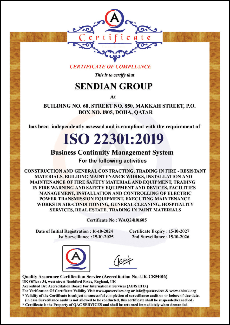 ISO 22301:2019 certificate for Sendian Group