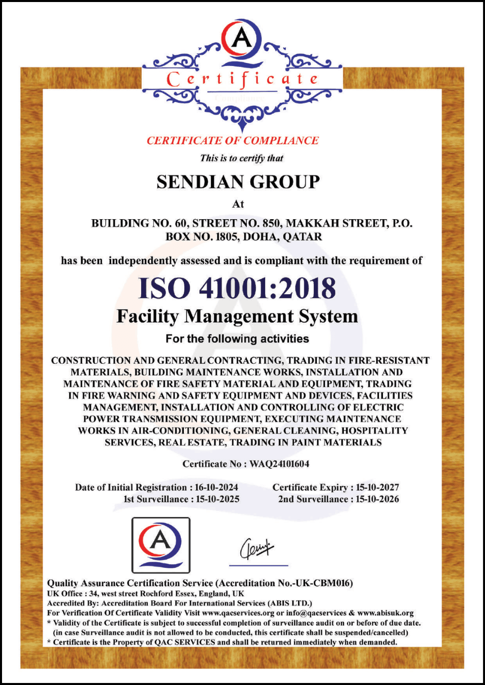 ISO 41001:2018 certificate for Sendian Group