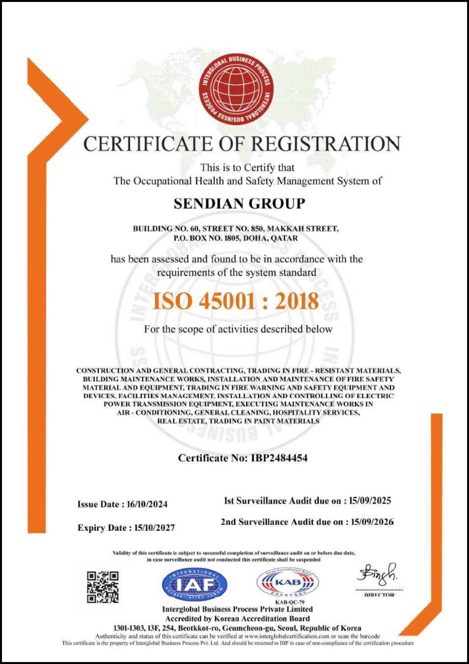 ISO 45001:2018 certificate for Sendian Group