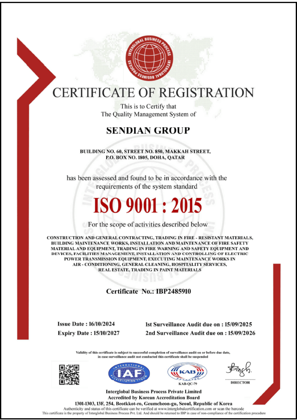 ISO 9001:2015 certificate for Sendian Group